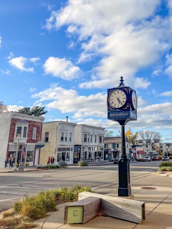Downtown New Buffalo, Michigan with the iconic clock tower