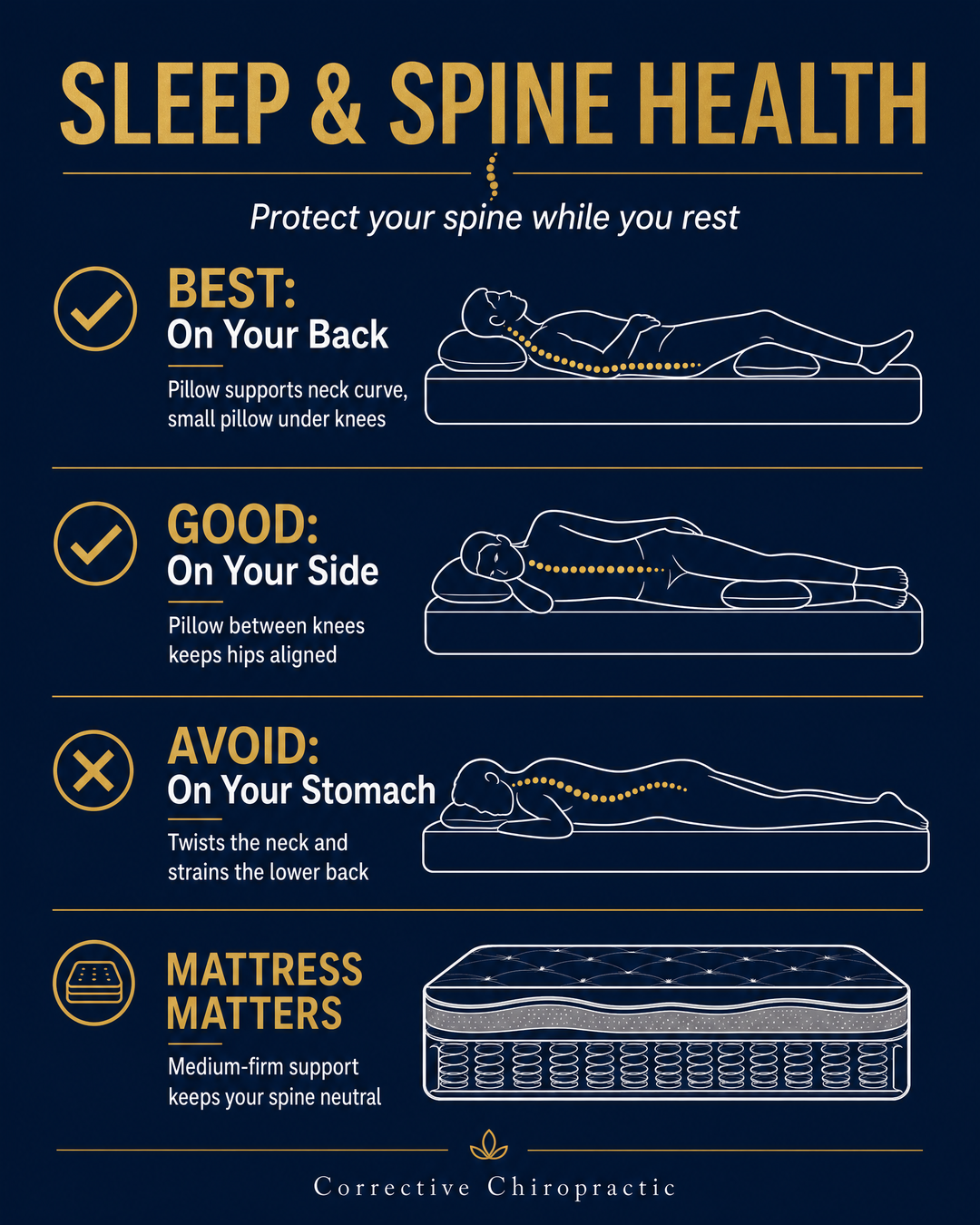 Sleep & Spine Health infographic — best and worst sleep positions