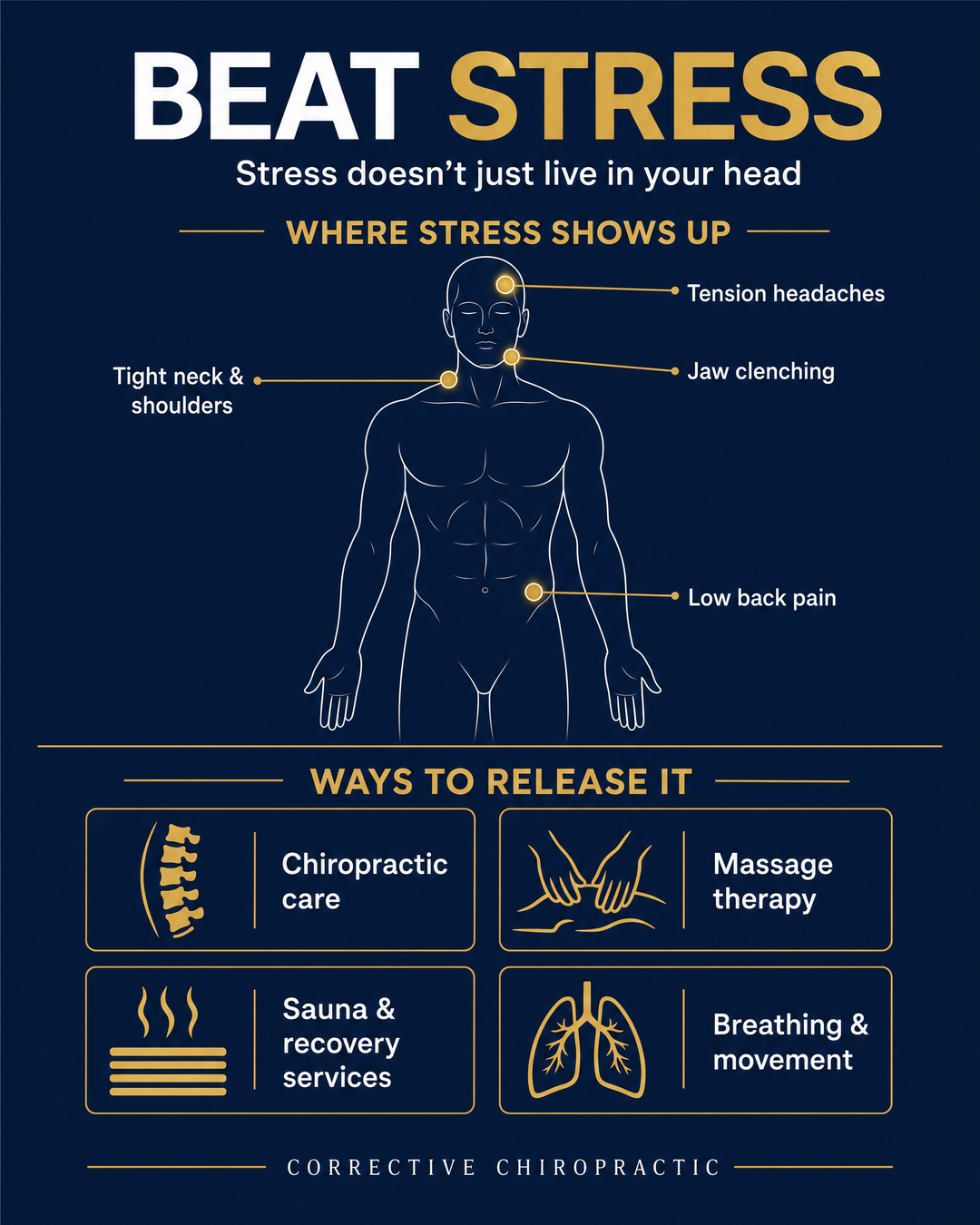 Beat Stress infographic — where stress shows up and ways to release it