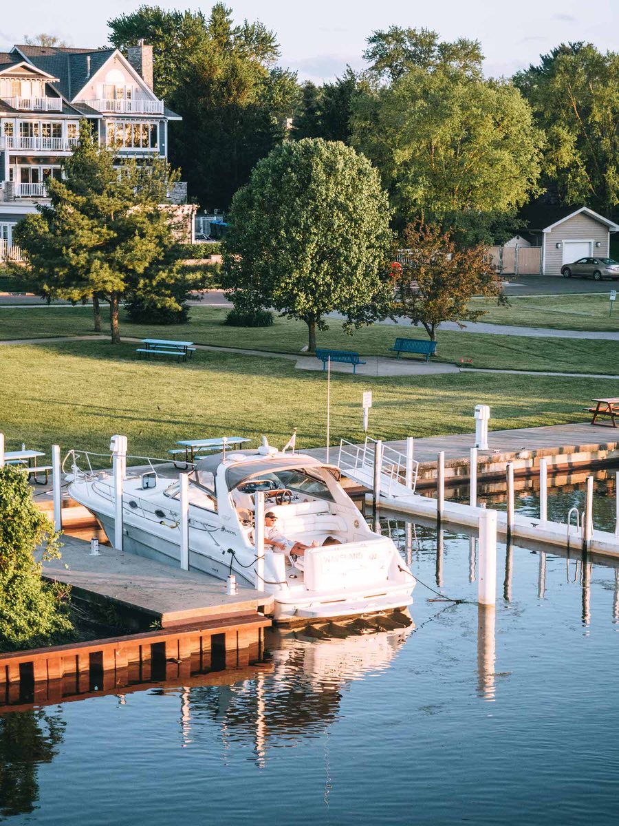 New Buffalo marina and harbor with boats and waterfront homes